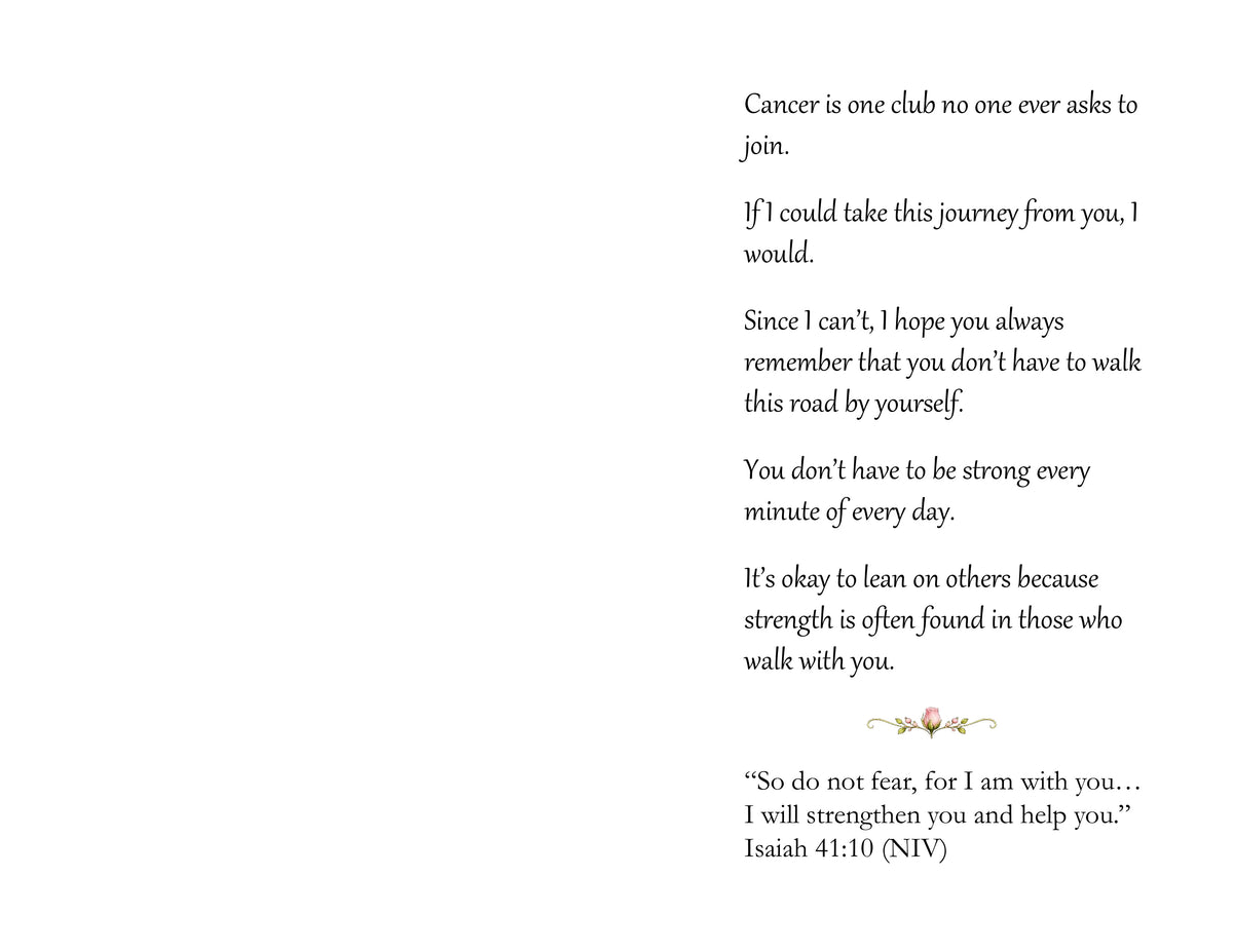 Open inside spread of You Don't Stand Alone – Breast Cancer Bible Verse Card